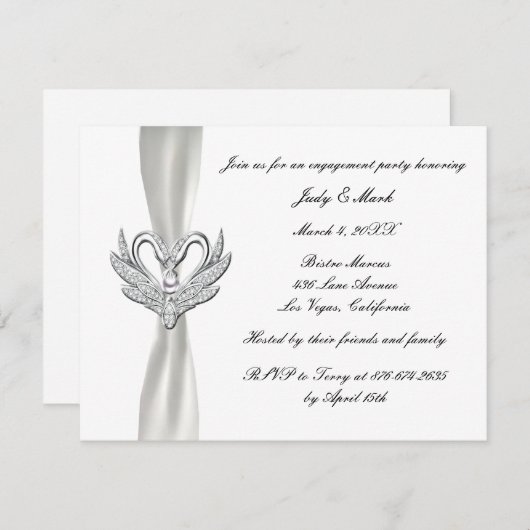 White Ribbon Silver Swans Engagement Party nodigt Kaart (Voorkant / Achterkant)