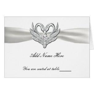 White Ribbon Silver Swans Folted Table Place Card