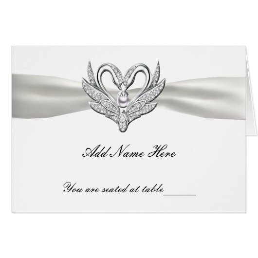 White Ribbon Silver Swans Folted Table Place Card (Voorkant Horizontaal)