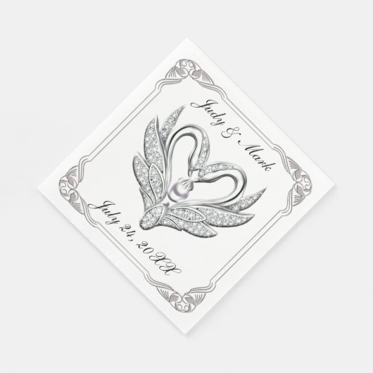 White Ribbon Silver Swans Paper Napkins Servetten (Hoek)
