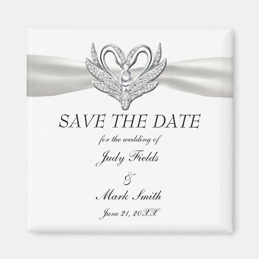 White Ribbon Silver Swans Save the Date Magnet (Voorkant)