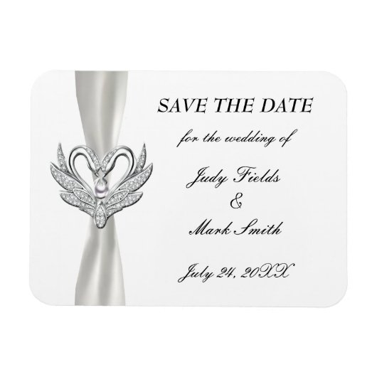 White Ribbon Silver Swans Save the Date Magnet Magneet (Horizontaal)