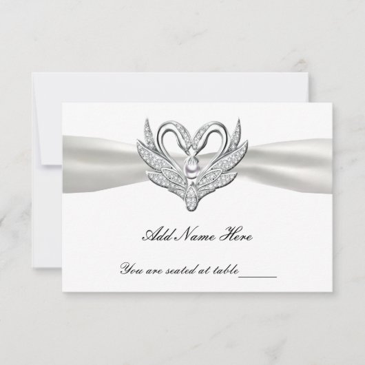 White Ribbon Silver Swans Table Place Card Kaart (Voorkant)