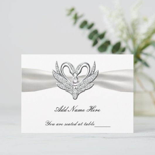 White Ribbon Silver Swans Table Place Card Kaart (Staand voorkant)