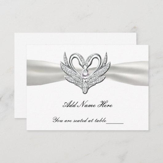 White Ribbon Silver Swans Table Place Card Kaart (Voorkant / Achterkant)