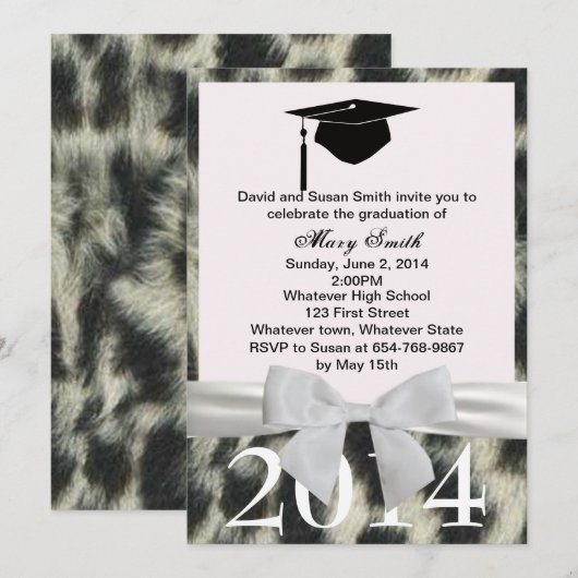White Ribbon Snow Leopard Afstuderen Invitation Kaart (Voorkant / Achterkant)