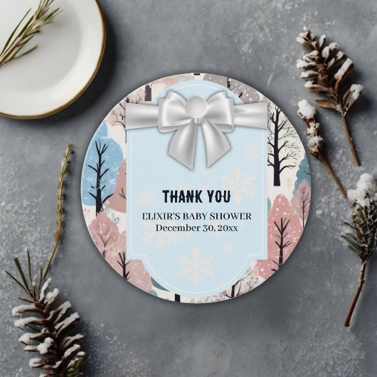 White Ribbon Winter Forest Snowflakes Baby shower Bedankjes Labels