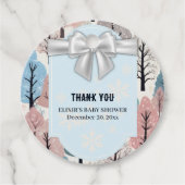 White Ribbon Winter Forest Snowflakes Baby shower Bedankjes Labels (Voorkant)