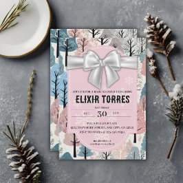 White Ribbon Winter Forest Snowflakes Baby shower Kaart