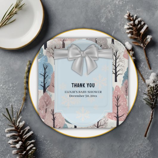 White Ribbon Winter Forest Snowflakes Baby shower Papieren Bordje