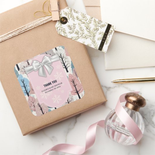 White Ribbon Winter Forest Snowflakes Baby shower Vierkante Sticker (Geschenken)