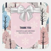 White Ribbon Winter Forest Snowflakes Baby shower Vierkante Sticker (Voorkant)
