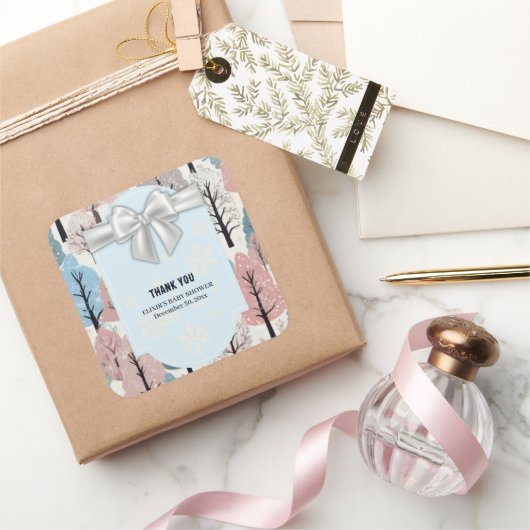 White Ribbon Winter Forest Snowflakes Baby shower Vierkante Sticker (Geschenken)