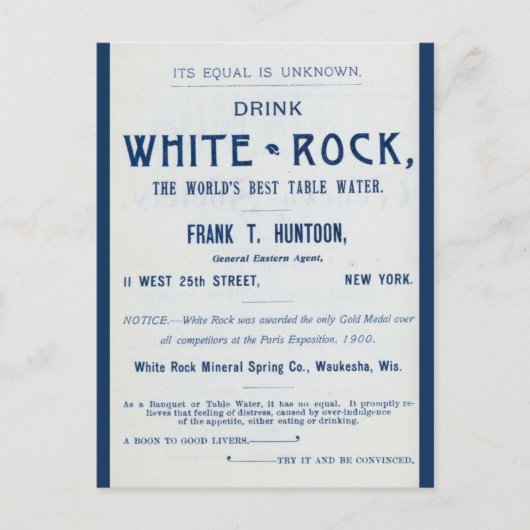 White Rock Mineral Water Adverteren Briefkaart (Voorkant)
