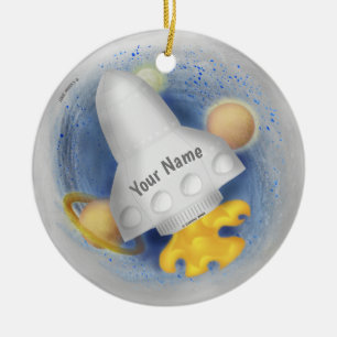 White Rocketship Keramisch Ornament