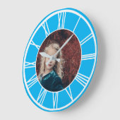 White Roman Numeral Sky Blue Add Photo Round Grote Klok (Hoek)