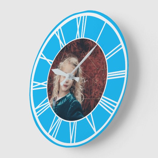 White Roman Numeral Sky Blue Add Photo Round Grote Klok (Hoek)