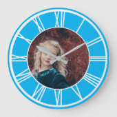 White Roman Numeral Sky Blue Add Photo Round Grote Klok (Voorkant)
