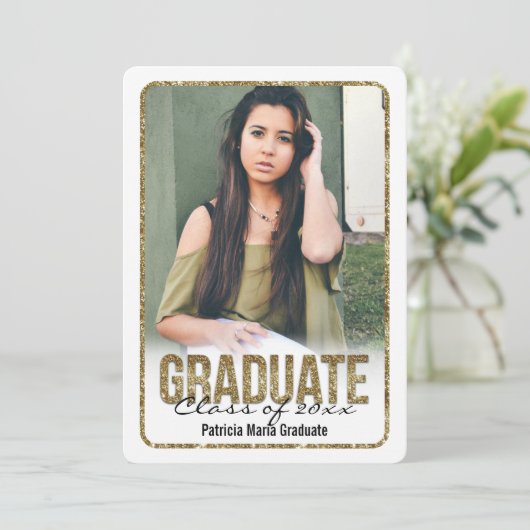 White Ronde Glitter High School Photo Afstuderen Kaart (Staand voorkant)