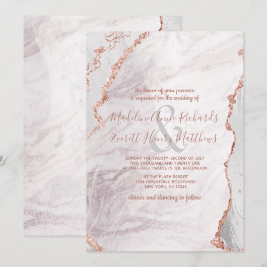 White & Roos Gold Agate Marble Folie Gilded Weddin Kaart (Voorkant / Achterkant)