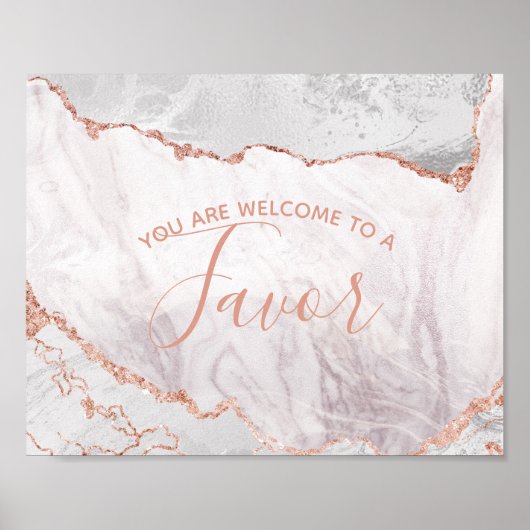 White & Roos Gold Agate Wedding Favor Table Sign Poster (Voorkant)