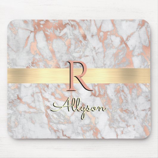 White & Roos Gold Marble, Gold Bar Name & Monogram Muismat (Voorkant)