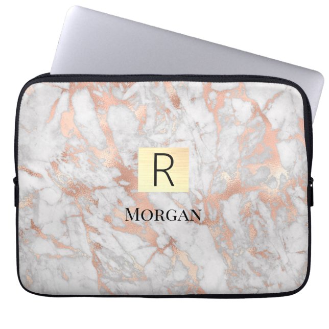White & Roos Gold Marble Gold Box, naam en monogra Laptop Sleeve (Voorkant)