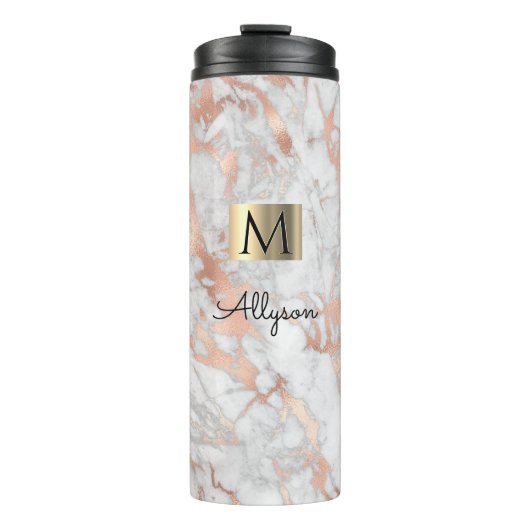 White & Roos Gold Marble, naam & monogram, Vs 2 Thermosbeker (Voorkant)