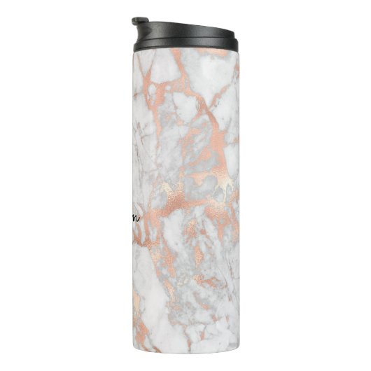 White & Roos Gold Marble, naam & monogram, Vs 2 Thermosbeker (Geroteerd rechts)