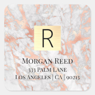 White/Roos Gold Marble Name/Monogram ReturnAddress Vierkante Sticker