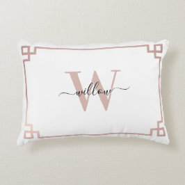 White & Roos Gold Pink Greek Key Monogrammen Accent Kussen