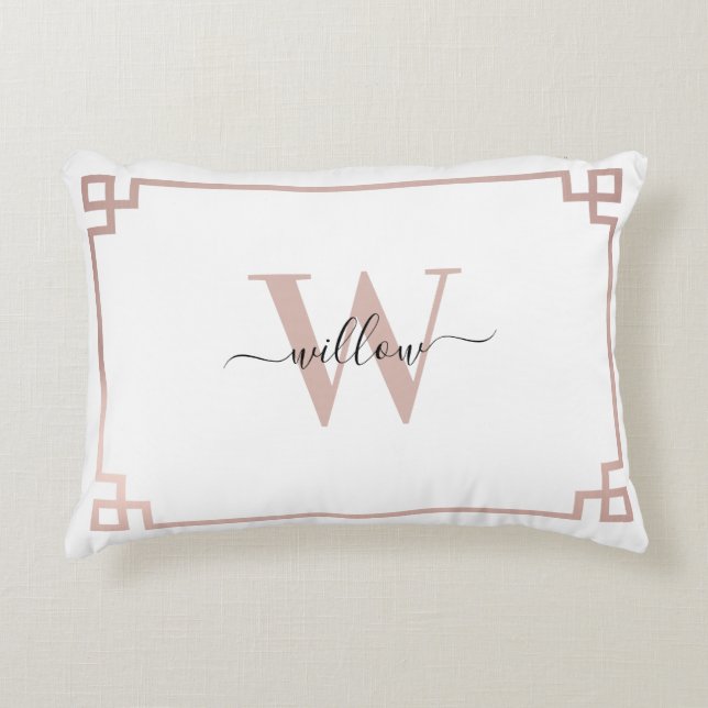 White & Roos Gold Pink Greek Key Monogrammen Accent Kussen (Voorkant)