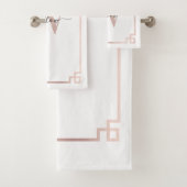 White & Roos Gold Pink Greek Key Monogrammen Bad Handdoek (Insitu)