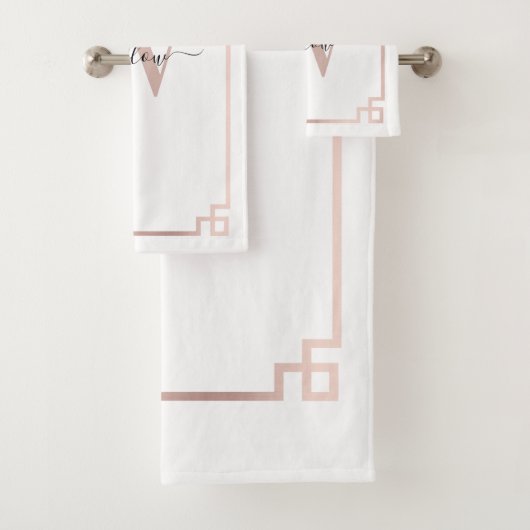 White & Roos Gold Pink Greek Key Monogrammen Bad Handdoek (Insitu)