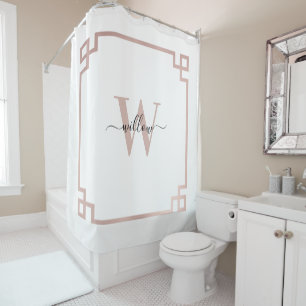 White & Roos Gold Pink Greek Key Monogrammen Douchegordijn