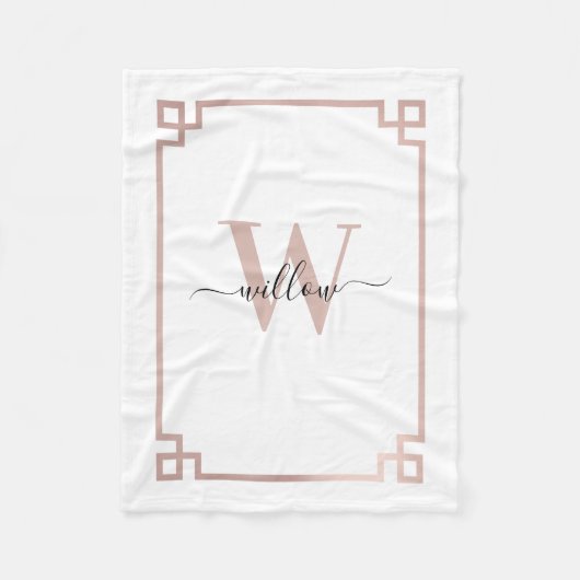 White & Roos Gold Pink Greek Key Monogrammen Fleece Deken (Voorkant)