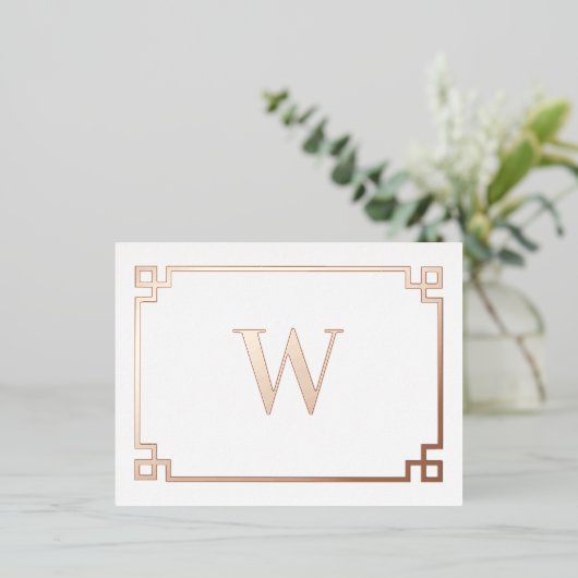 White & Roos Gold Pink Greek Key Monogrammen Folie Feestdagen Briefkaart (Staand Voorkant)