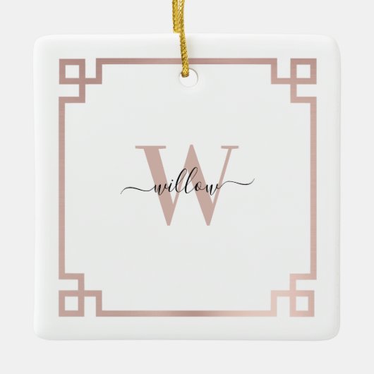 White & Roos Gold Pink Greek Key Monogrammen Keramisch Ornament (Voorkant)