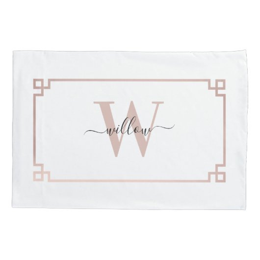 White & Roos Gold Pink Greek Key Monogrammen Kussensloop (Achterkant-Links)