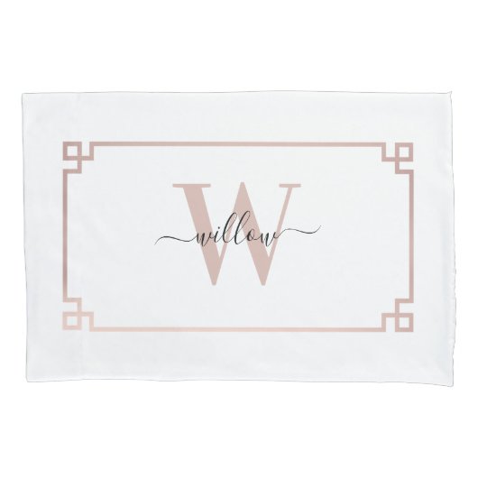 White & Roos Gold Pink Greek Key Monogrammen Kussensloop (Voorkant-Links)