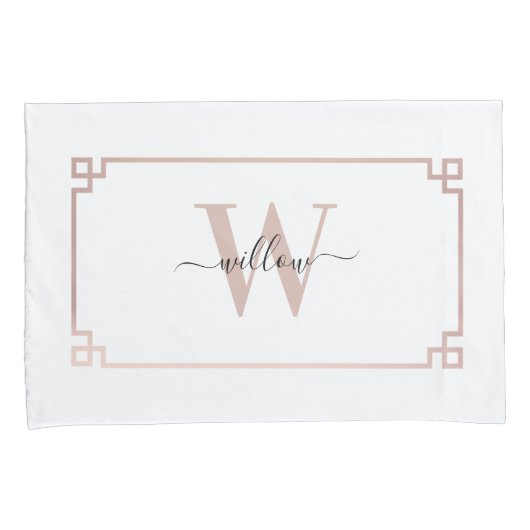 White & Roos Gold Pink Greek Key Monogrammen Kussensloop (Voorkant-Rechts)