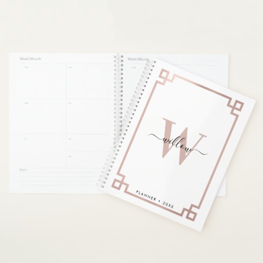 White & Roos Gold Pink Greek Key Monogrammen Planner (Display)