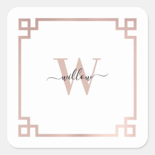 White & Roos Gold Pink Greek Key Monogrammen Vierkante Sticker