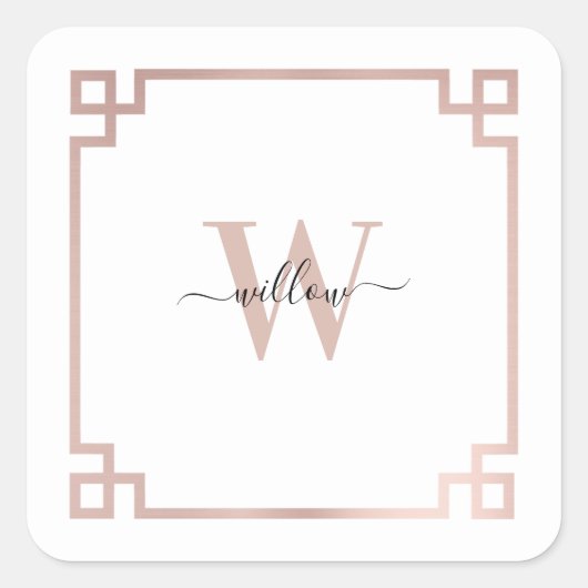 White & Roos Gold Pink Greek Key Monogrammen Vierkante Sticker (Voorkant)