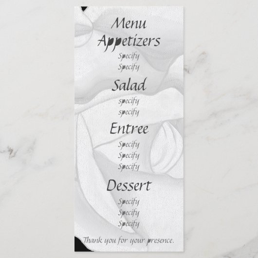 White Rose, aangepaste menukaarten Menu (Achterkant)