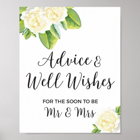 white Rose Advice and Well Wishes Wedding Sign Poster (Voorkant)