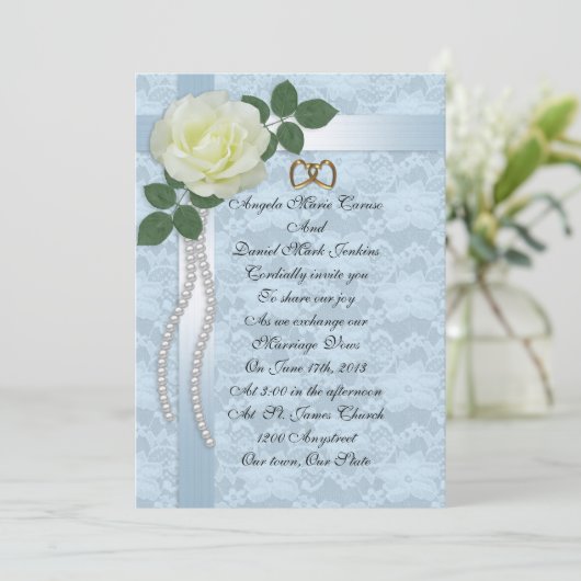 White rose and blue lace bruiloft Invitation Kaart (Staand voorkant)
