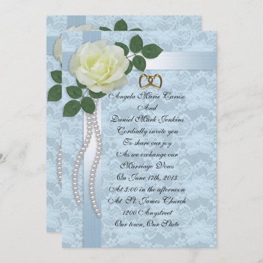 White rose and blue lace bruiloft Invitation Kaart (Voorkant / Achterkant)
