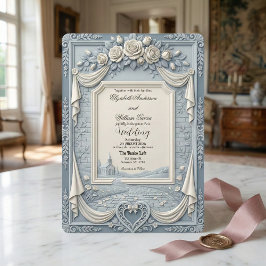 White Rose and Dusty Blue Cream Romance Wedding Kaart