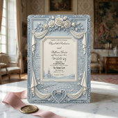 White Rose and Dusty Blue Cream Romance Wedding Kaart